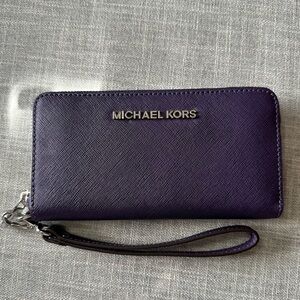 Michael Kors Saffiano Leather Zip Wallet – Deep Purple | Never Used!